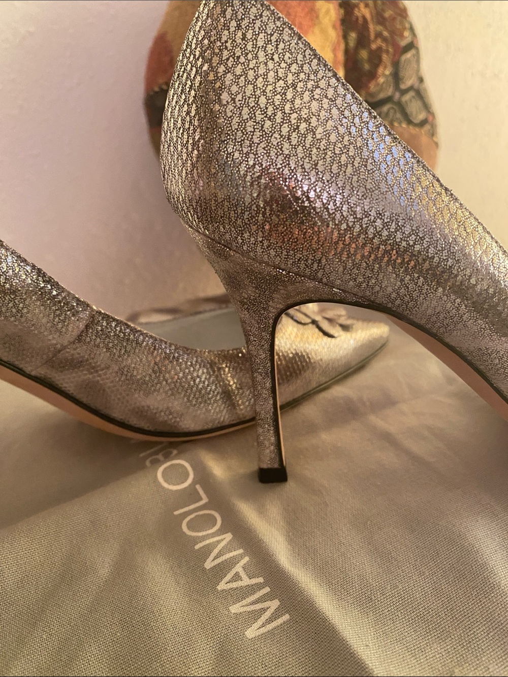 Manolo Blahnik Metallic Pointed-Toe Pumps with Floral Appliqué - Picture 3 of 7